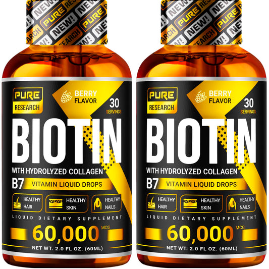 Pure Research Biotin Collagen bottle pour showing convenient daily dose for hair and nails