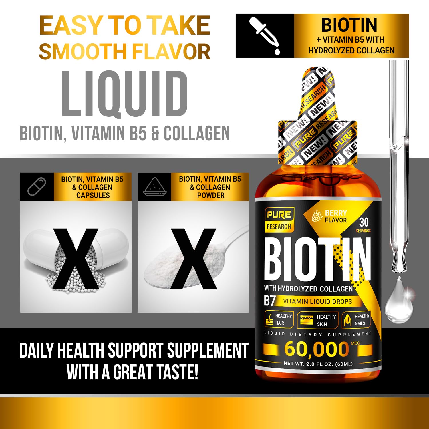 Pure Research Biotin Collagen dropper dispenses a quick daily dose for hair, skin, nails