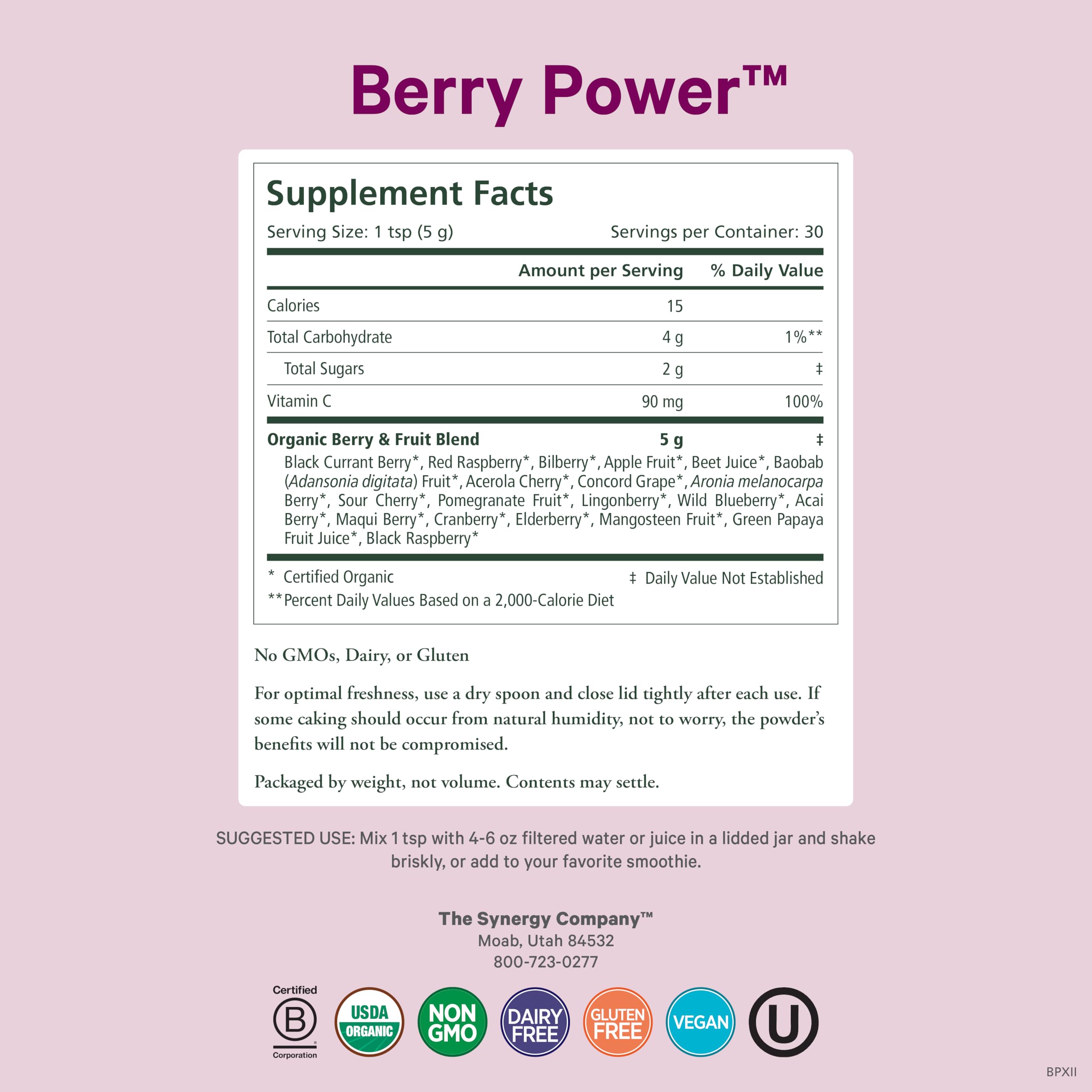 Pure Synergy Berry Power bottle pour into glass for easy smoothie or water mix