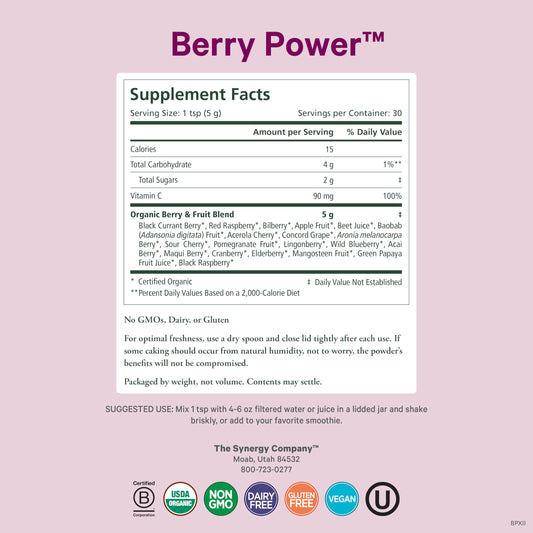 Pure Synergy Berry Power bottle pour into glass for easy smoothie or water mix