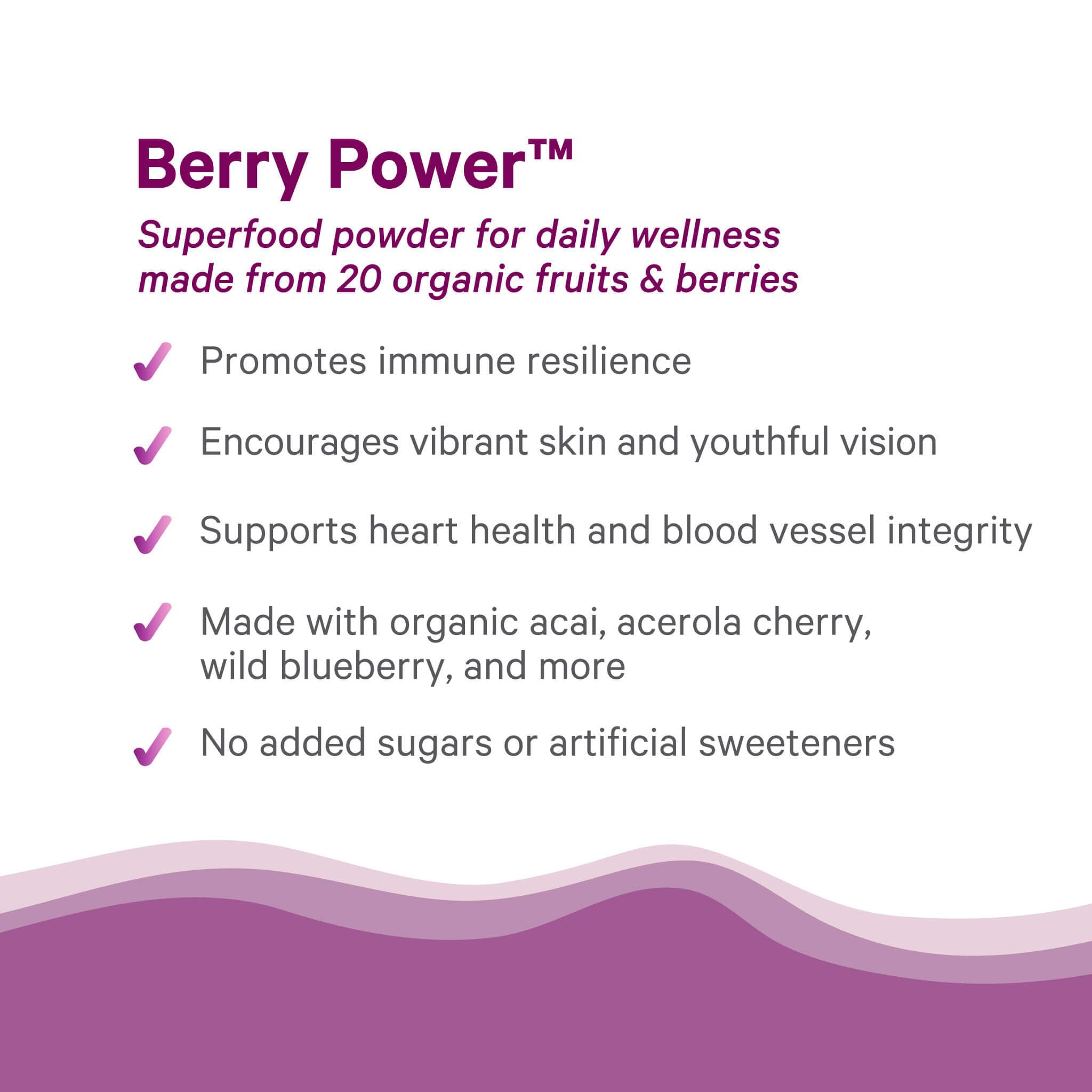 Pure Synergy Berry Power smoothie mix showing vibrant color and natural sweetness