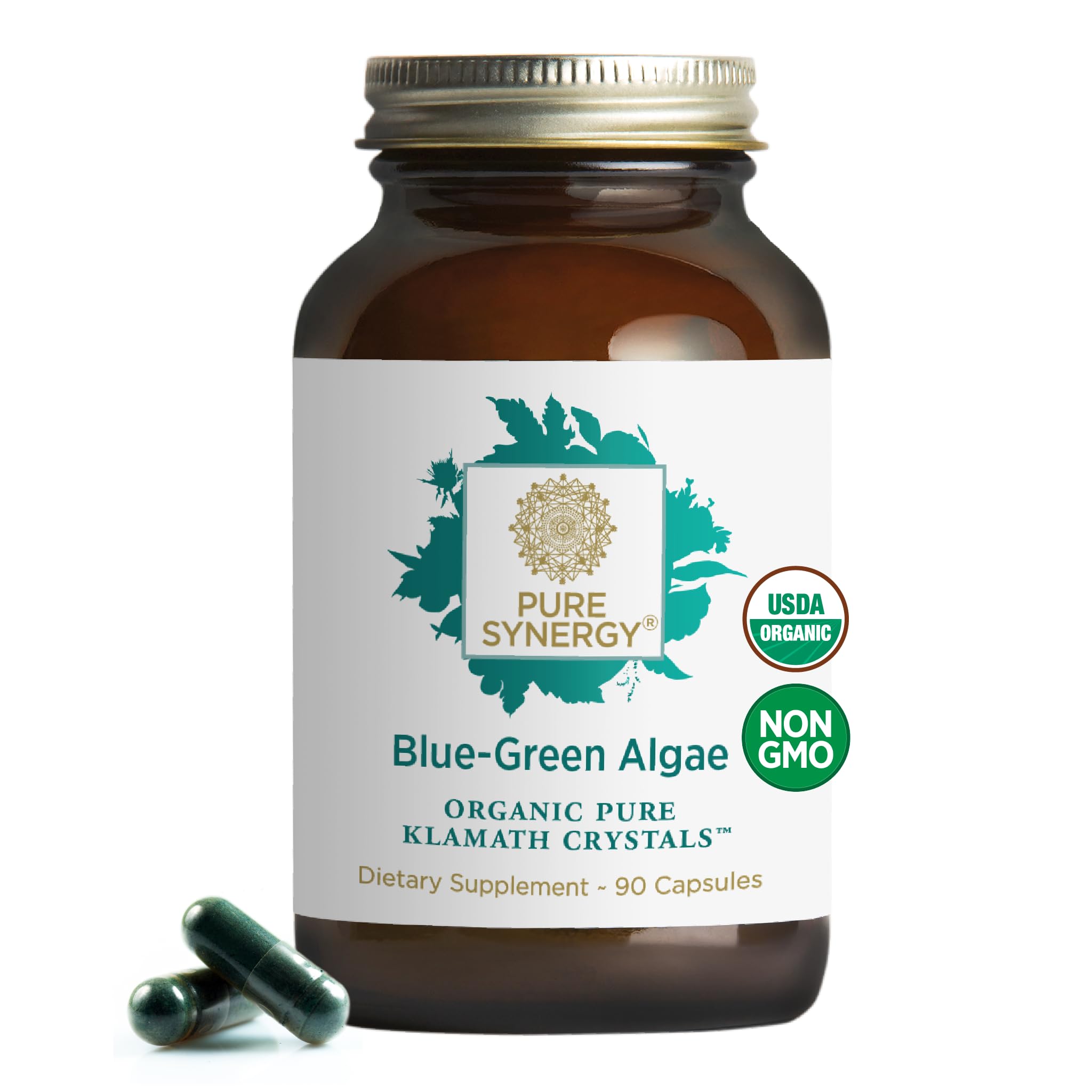 Pure Synergy Blue-Green Algae capsules bottle for daily energy support.