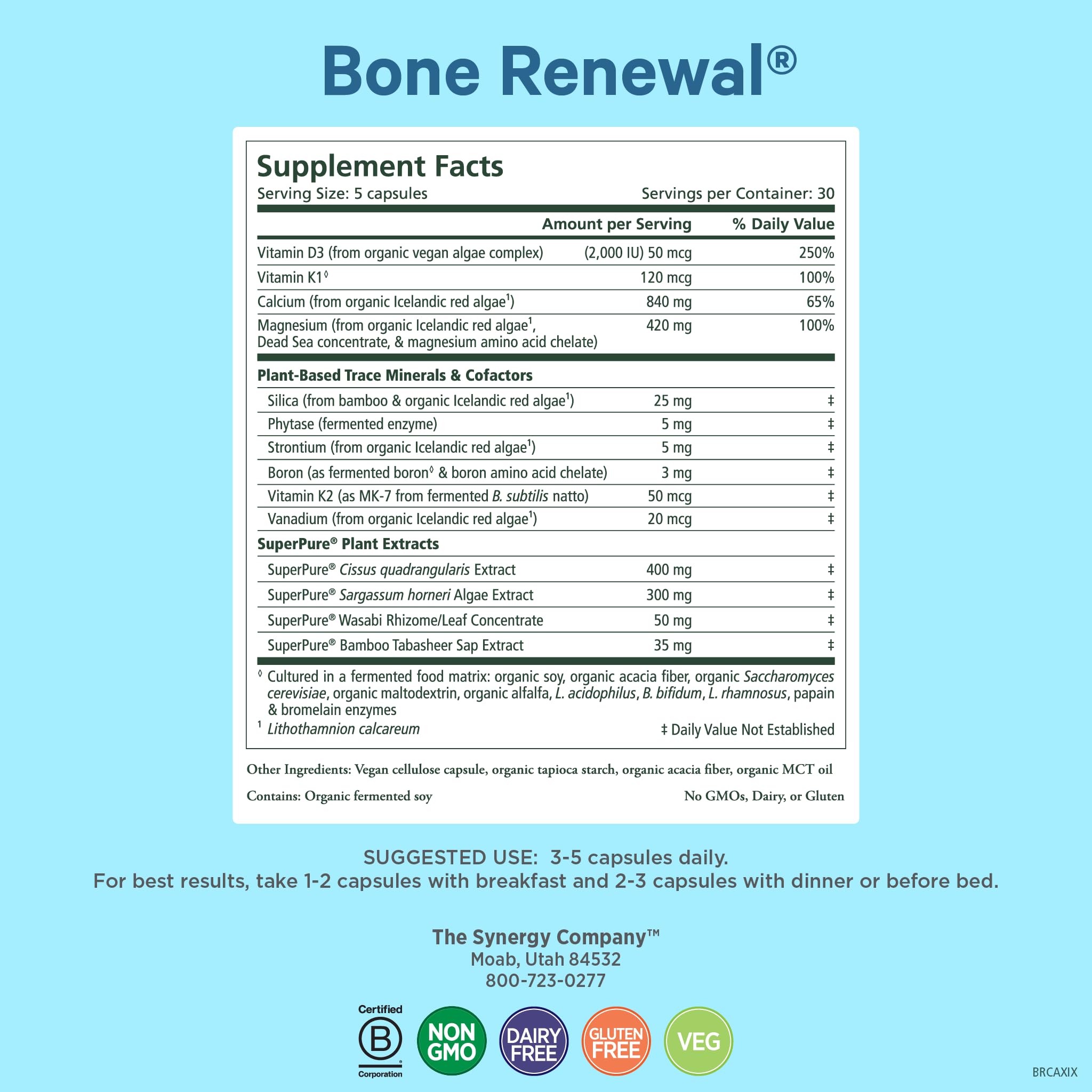 PURE SYNERGY Bone Renewal capsules close-up with D3 and K2 cofactors.