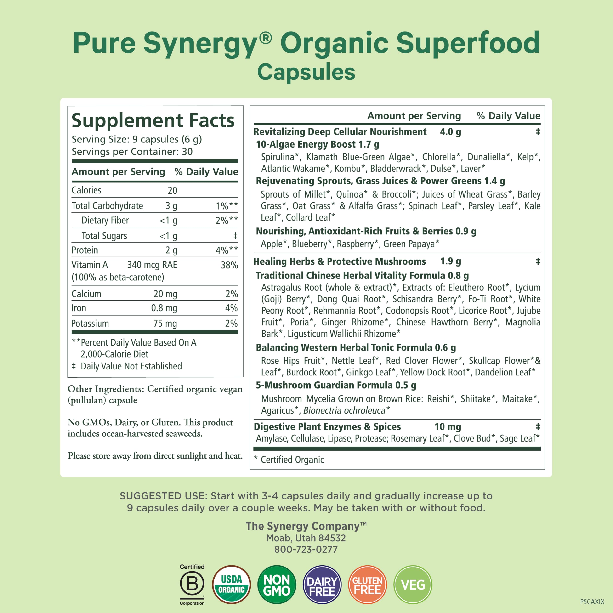 PURE SYNERGY capsules closeup showing green blend