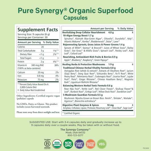 PURE SYNERGY capsules closeup showing green blend
