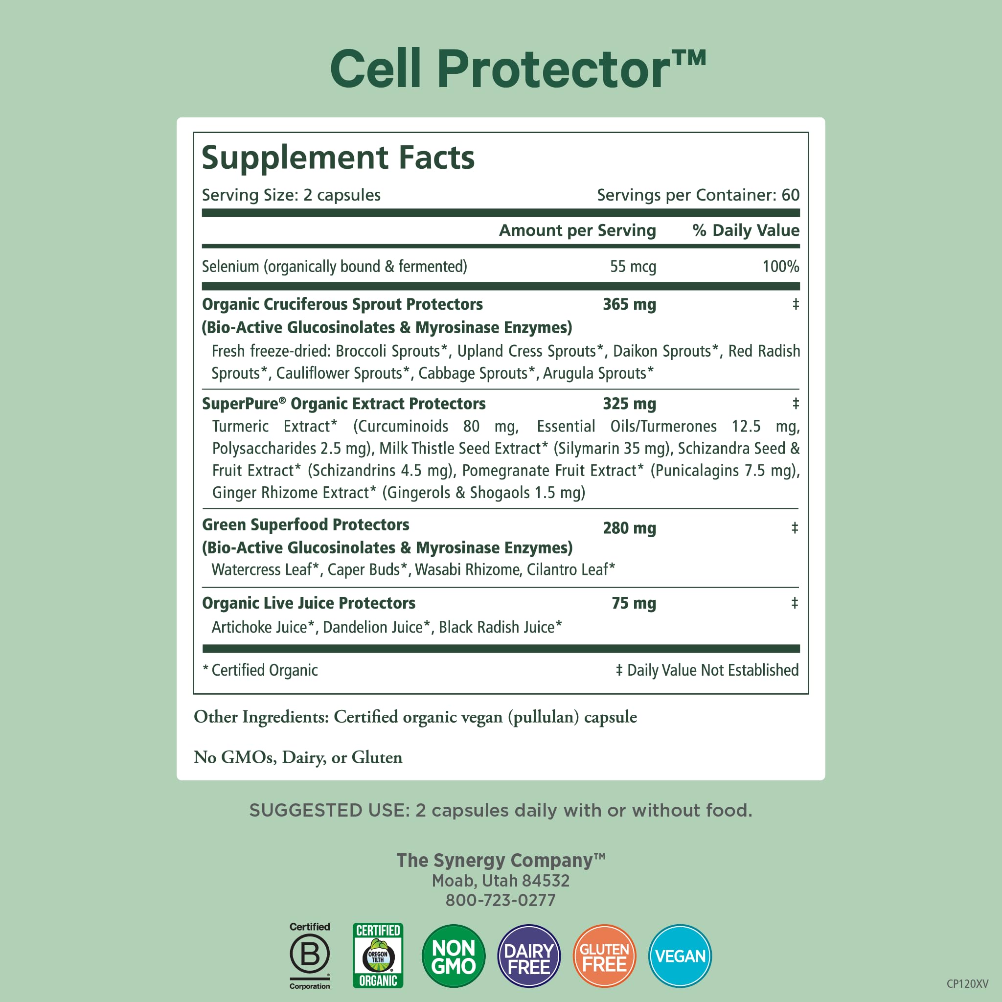 PURE SYNERGY Cell Protector capsules close-up showing plant-based antioxidants.