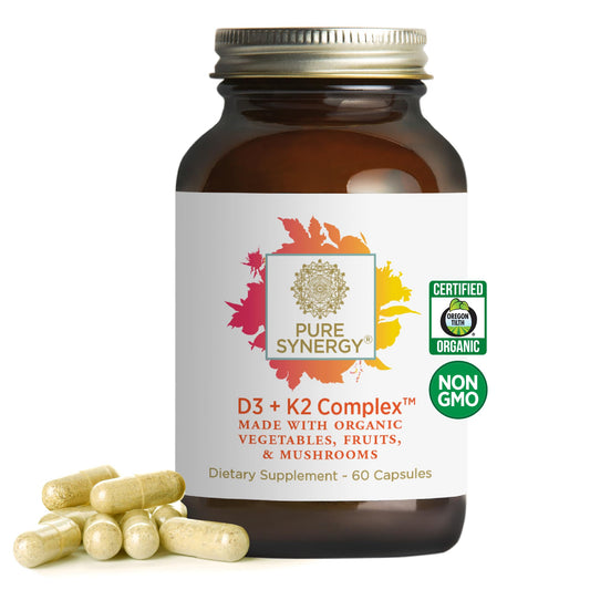 Pure Synergy D3 K2 bottle front highlighting vegan vitamin blend for bone and immune support