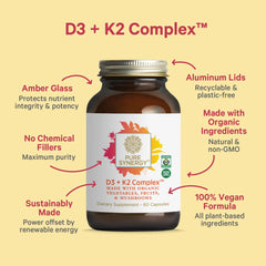 Pure Synergy label detail emphasizes organic algae D3 and MK-7 K2