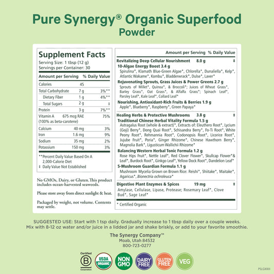 PURE SYNERGY Green Superfood Powder scoop showing serving size