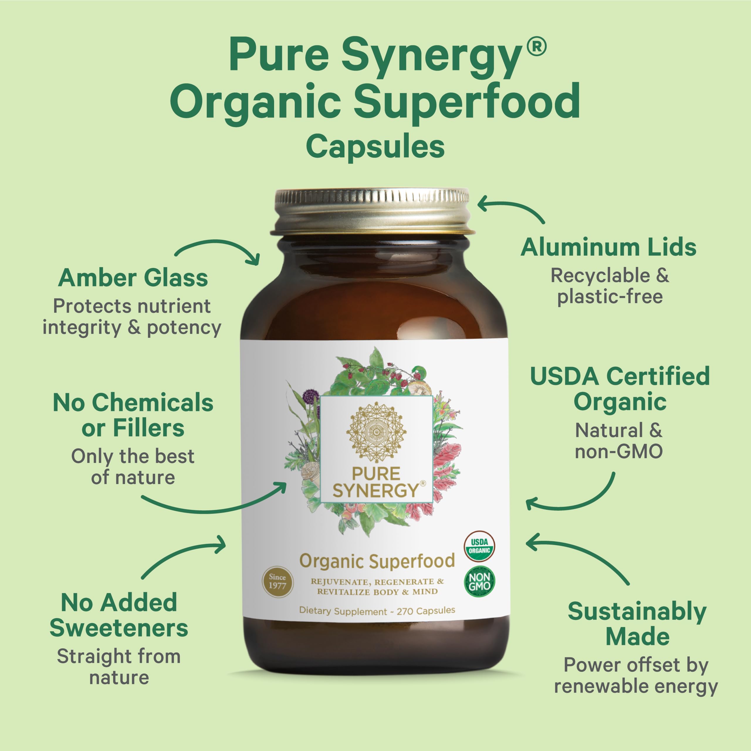 PURE SYNERGY ingredients panel highlighting 62 superfoods