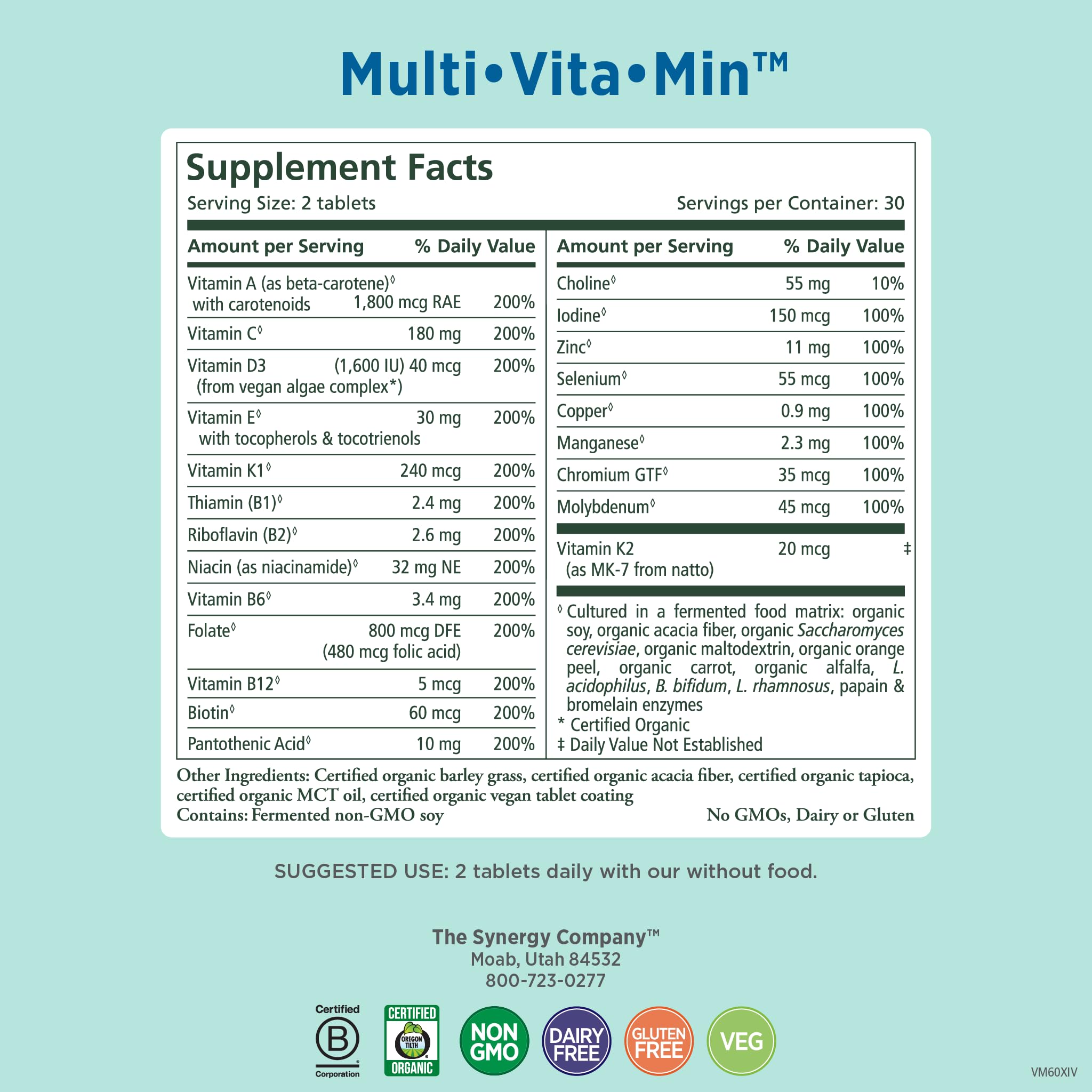 PURE SYNERGY Multi-Vita-Min organic ingredients highlighted on label for whole-food nutrition