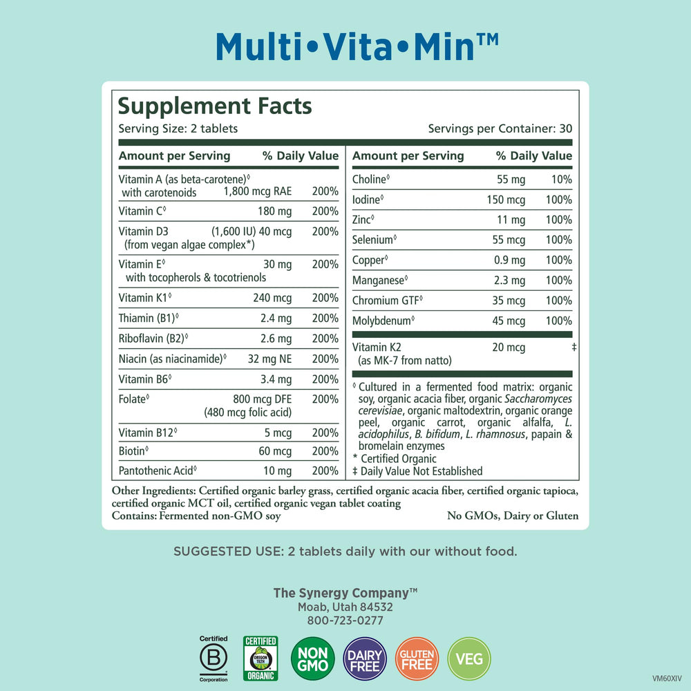 PURE SYNERGY Multi-Vita-Min organic ingredients highlighted on label for whole-food nutrition