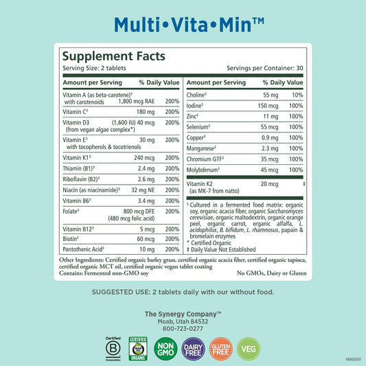 PURE SYNERGY Multi-Vita-Min organic ingredients highlighted on label for whole-food nutrition