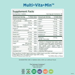 PURE SYNERGY Multi-Vita-Min organic ingredients highlighted on label for whole-food nutrition