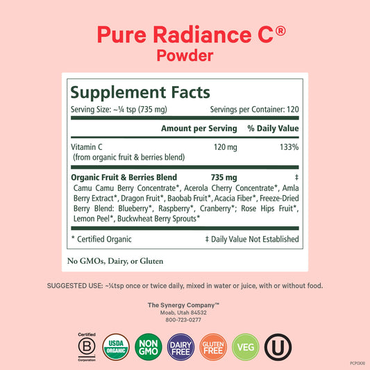 Pure Synergy Pure Radiance C label closeup highlighting organic vitamin C blend