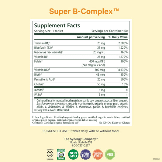 Pure Synergy Super B-Complex tablets close-up for focus and mood support.