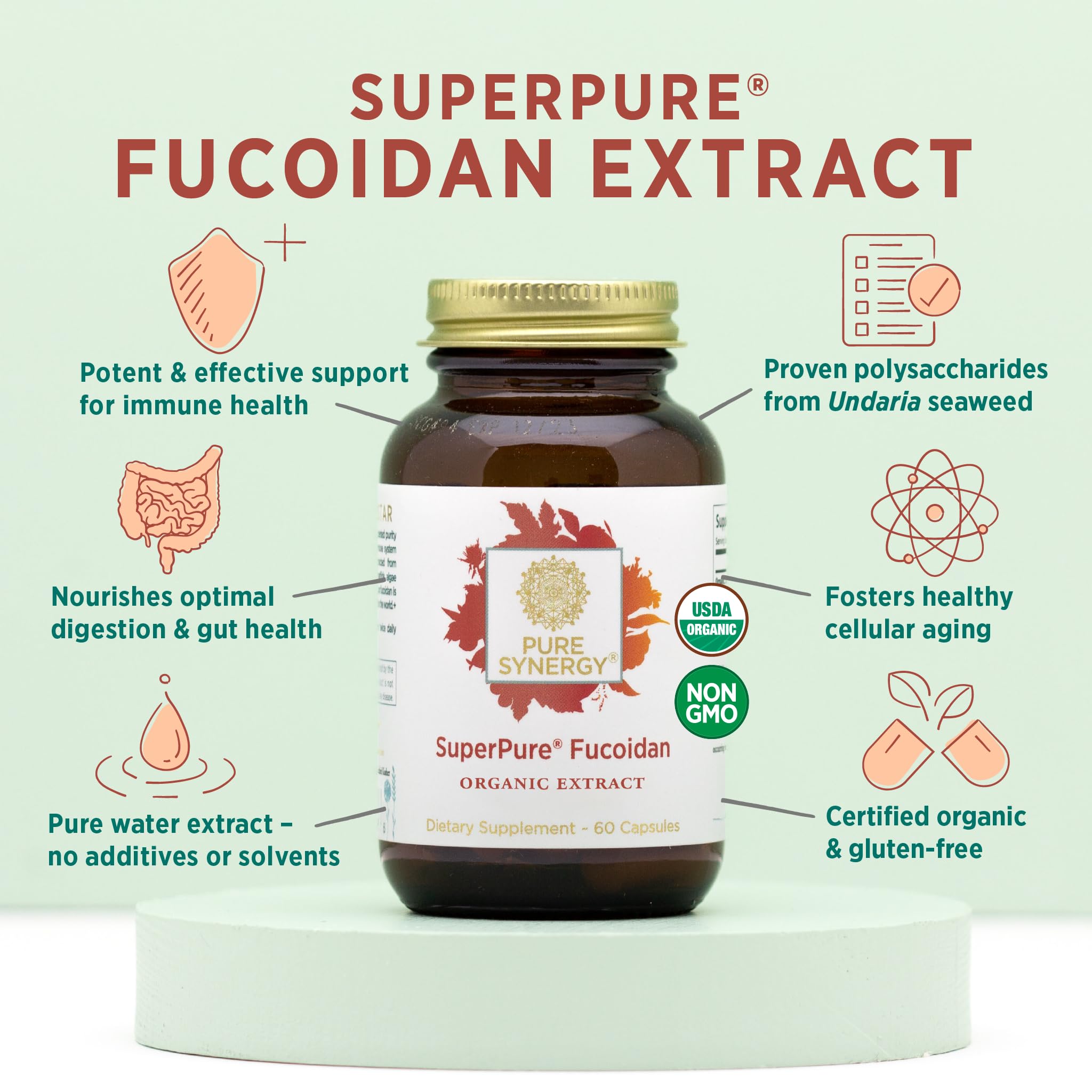 Close-up of Pure Synergy label highlighting organic certification and gluten-free formula.