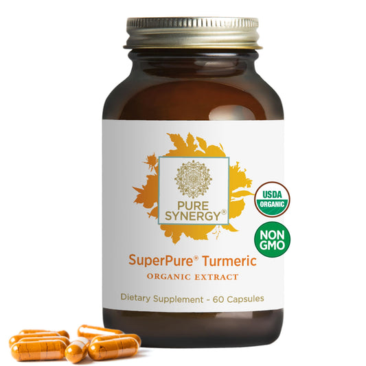 Pure Synergy SuperPure turmeric bottle front showing organic turmeric extract for daily immune and joint support.