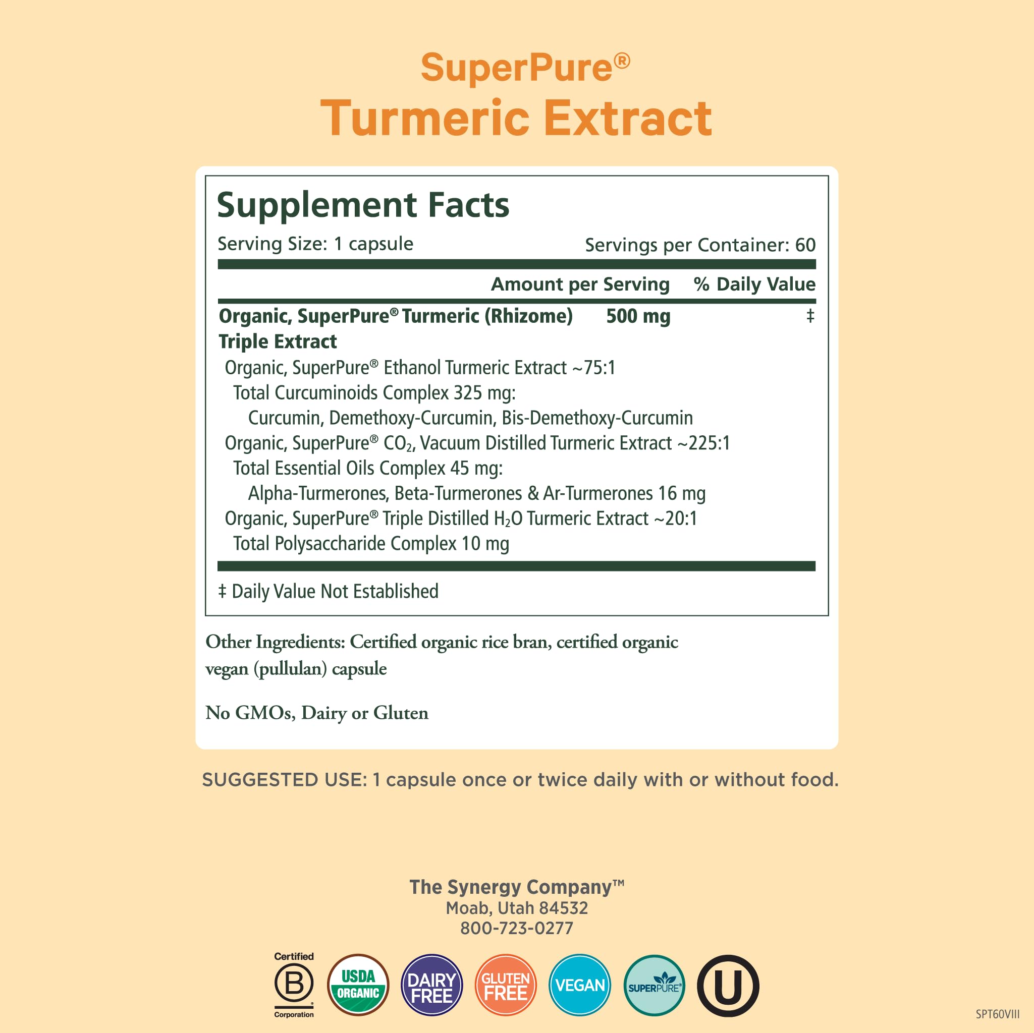 Pure Synergy SuperPure turmeric capsules closeup highlighting 500 mg curcuminoids for daily wellness.