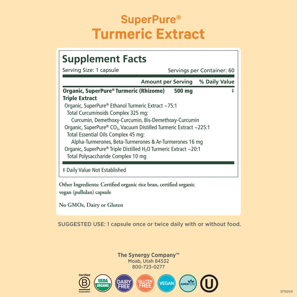 Pure Synergy SuperPure turmeric capsules closeup highlighting 500 mg curcuminoids for daily wellness.