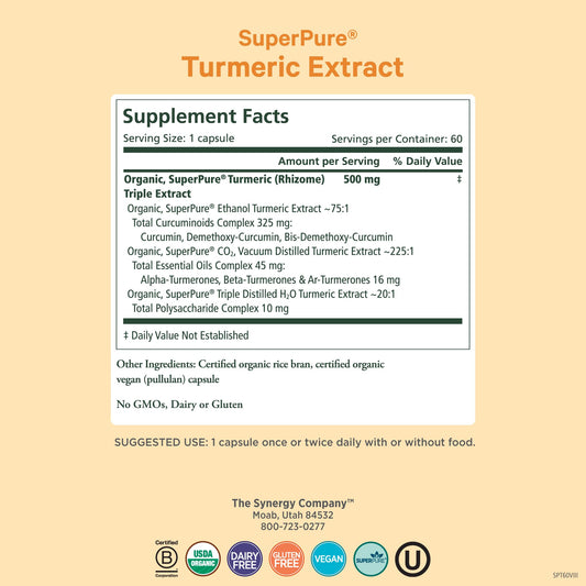 Pure Synergy SuperPure turmeric capsules closeup highlighting 500 mg curcuminoids for daily wellness.