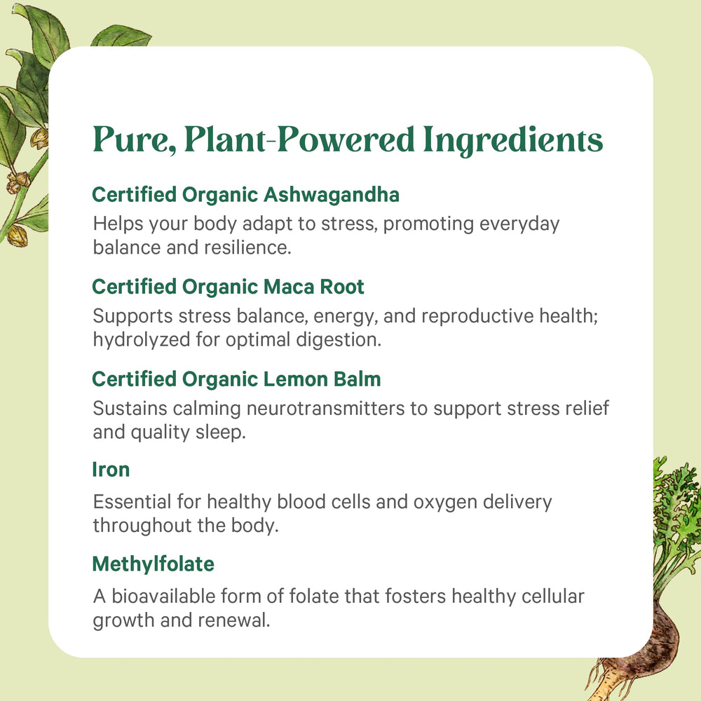 Pure Synergy Vita-Min-Balance ingredients list featuring organic, non-GMO components