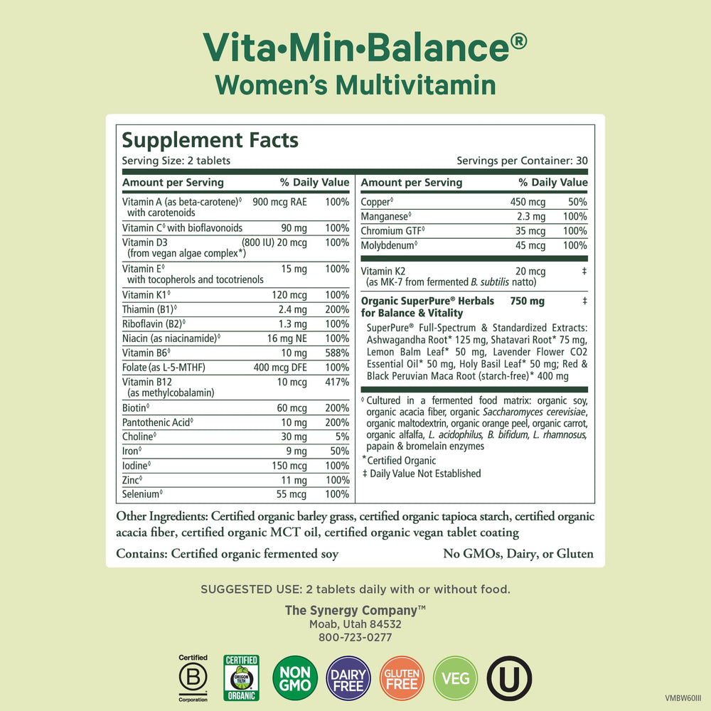 Pure Synergy Vita-Min-Balance label highlighting organic ingredients and benefits