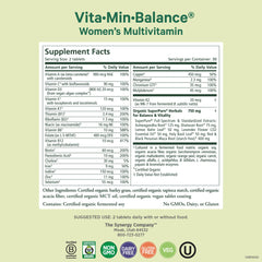 Pure Synergy Vita-Min-Balance label highlighting organic ingredients and benefits