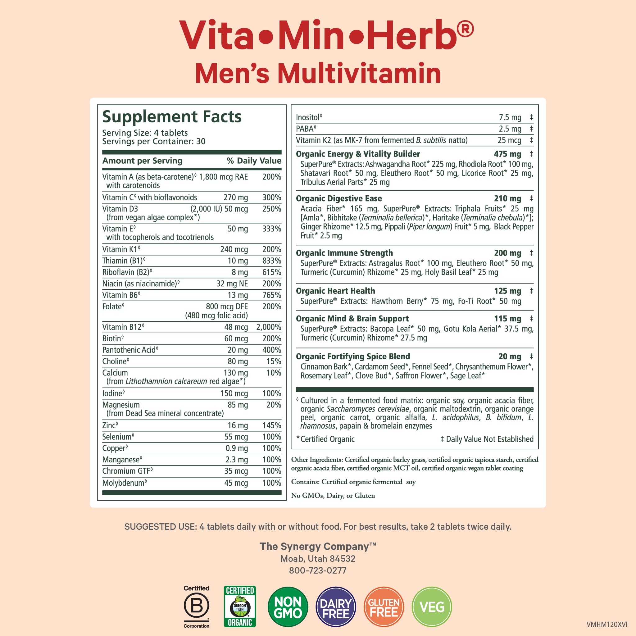 Closeup of Vita·Min·Herb packaging highlighting organic ingredients for daily support