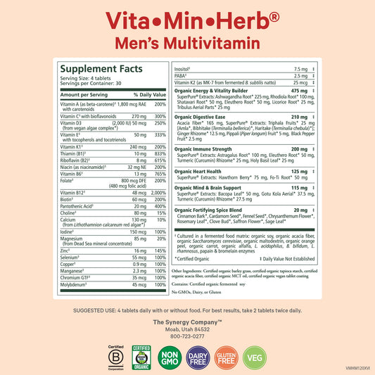 Closeup of Vita·Min·Herb packaging highlighting organic ingredients for daily support