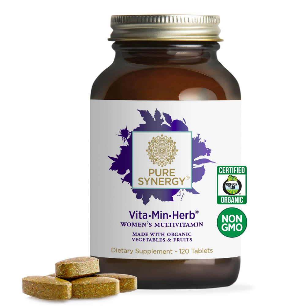 Pure Synergy Vita-Min-Herb Women bottle showing a comprehensive daily multivitamin for women.