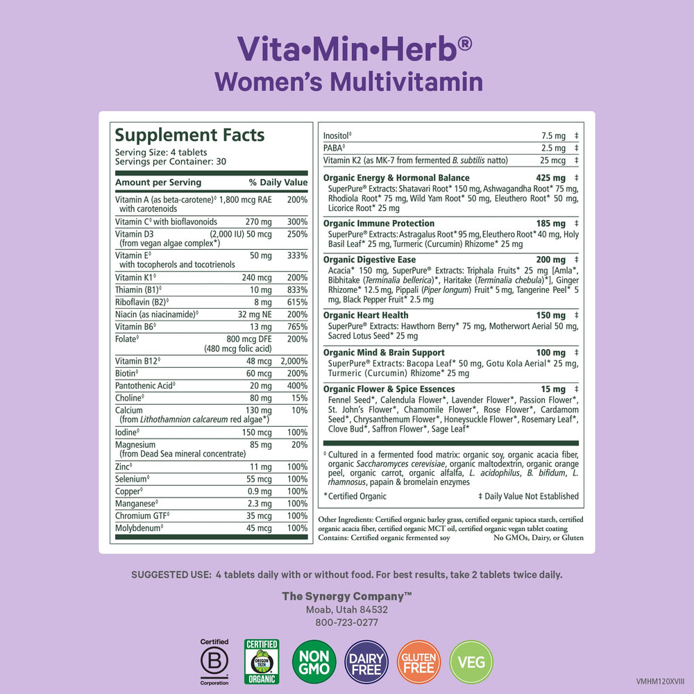 Pure Synergy Vita-Min-Herb Women tablets closeup—vegan organic ingredients for absorption.