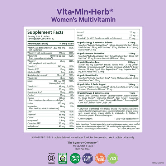 Pure Synergy Vita-Min-Herb Women tablets closeup—vegan organic ingredients for absorption.