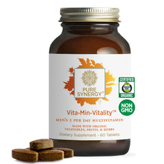 PURE SYNERGY Vita·Min·Vitality bottle on counter for daily energy support