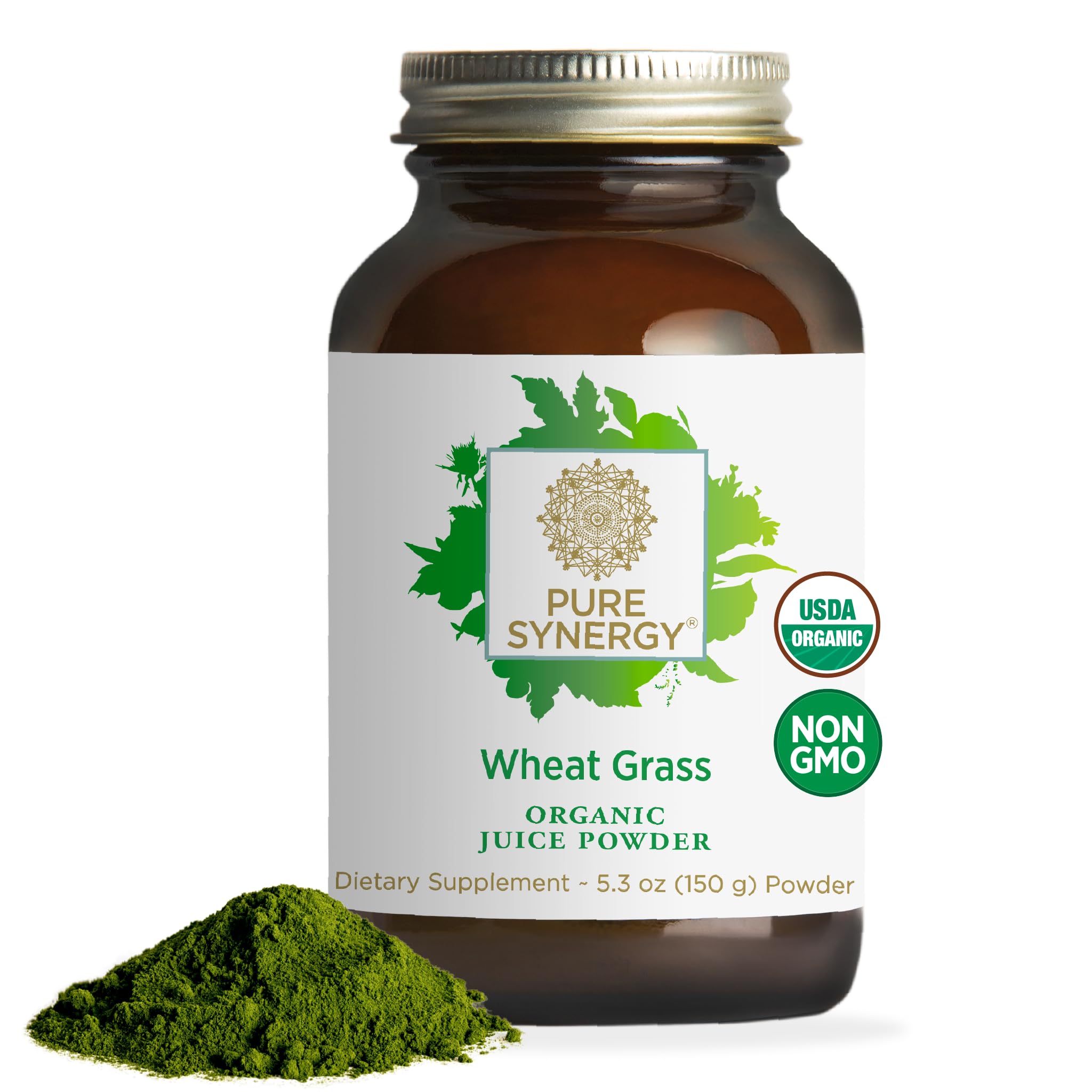 Pure Synergy Wheat Grass bottle demonstrates organic greens for daily energy support.