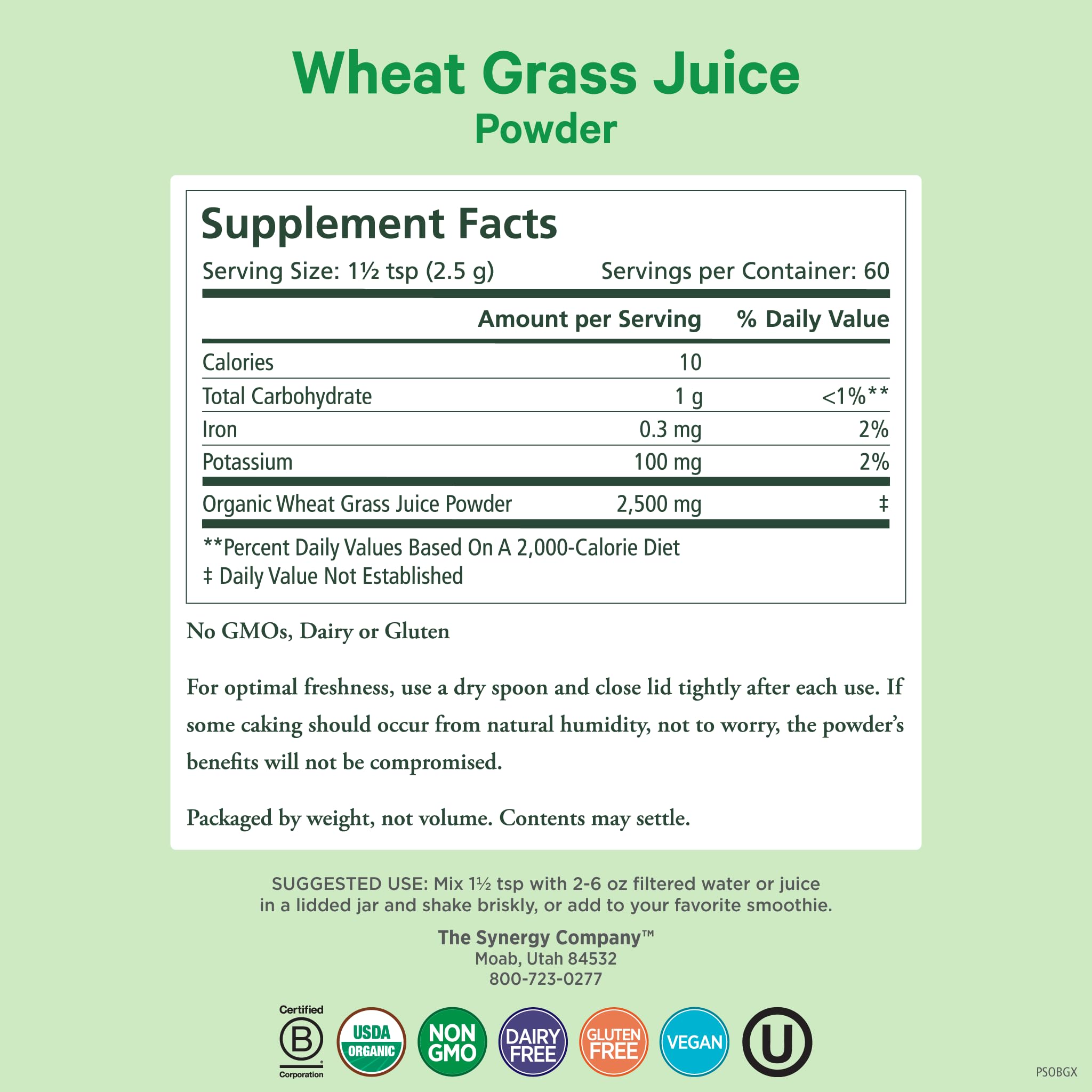 Pure Synergy wheat grass powder jar highlights raw organic greens for on-the-go use.