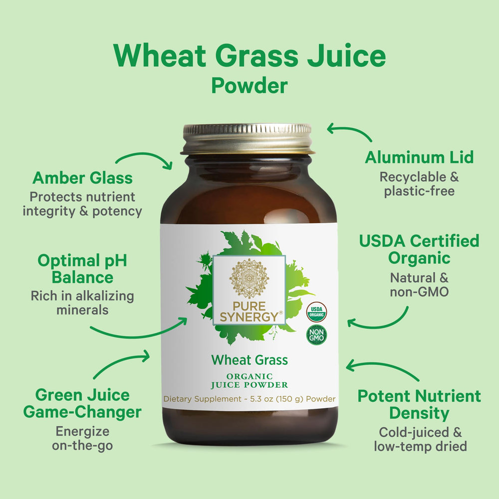 Pure Synergy wheat grass scoop image shows easy measurement for daily servings.