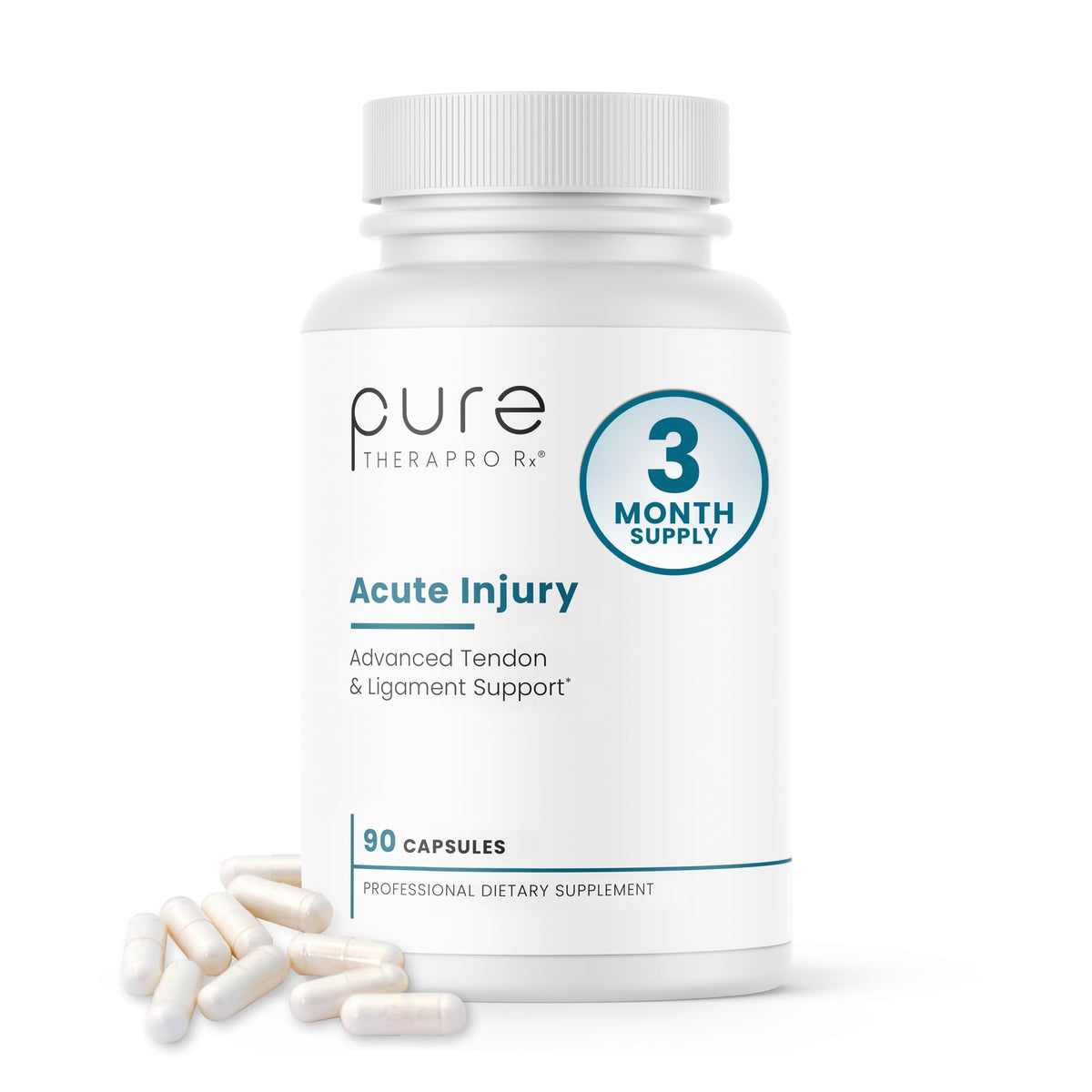 Pure Therapro Rx Acute Injury bottle with capsules supports tendon health and daily convenience.
