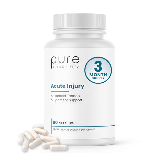 Pure Therapro Rx Acute Injury bottle with capsules supports tendon health and daily convenience.