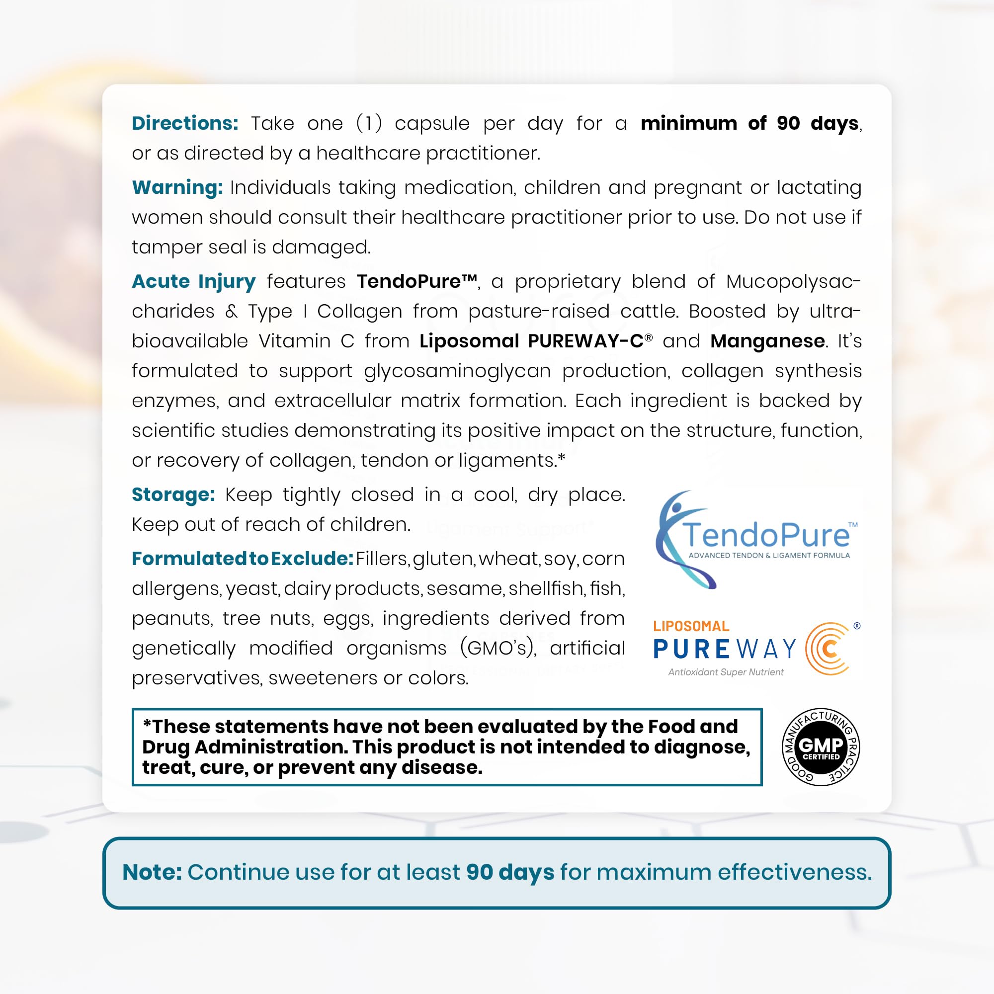 Pure Therapro Rx Acute Injury label highlights collagen-focused ingredients for tendons.
