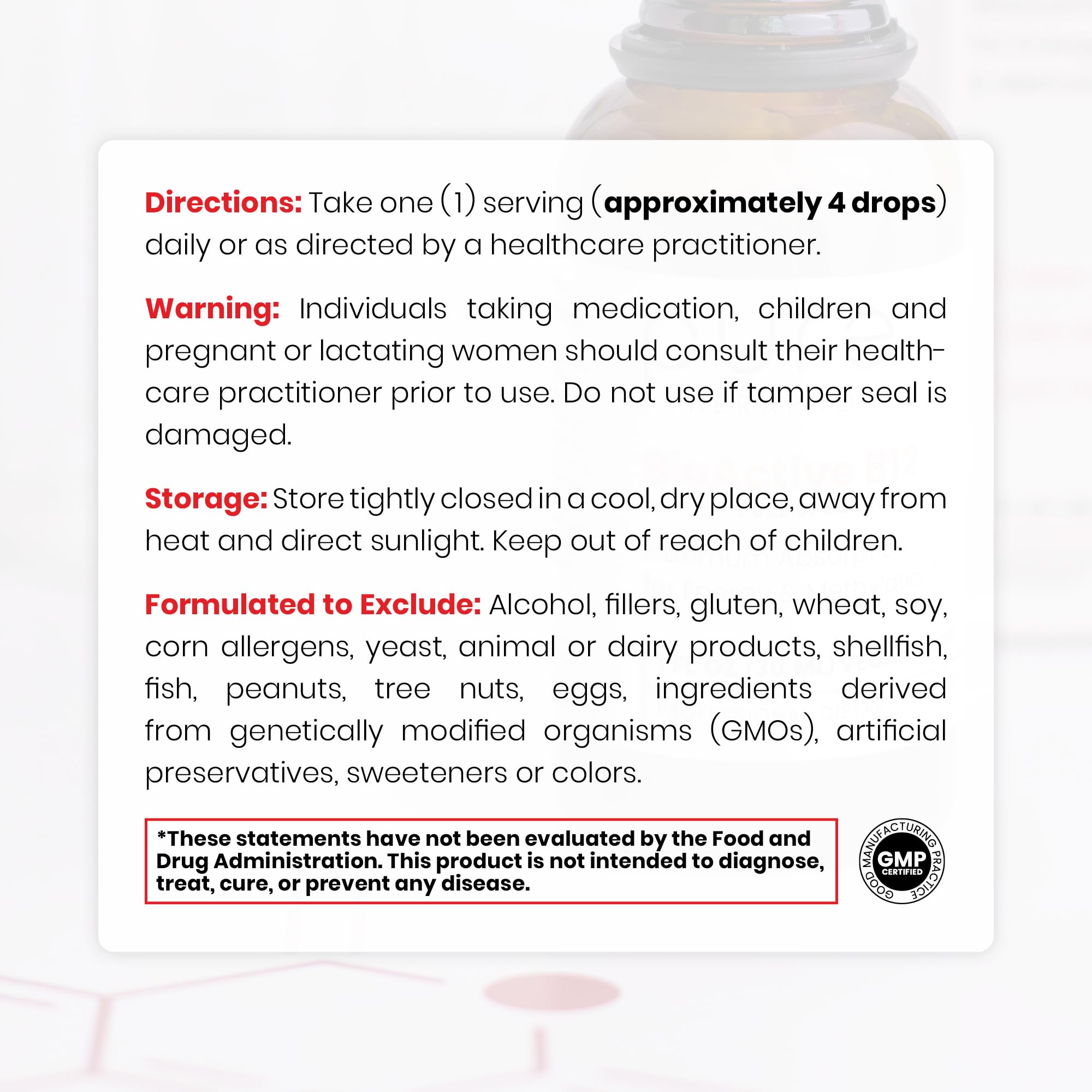 Closeup of Pure Therapo Rx B12 label noting non-GMO and USA-made quality.
