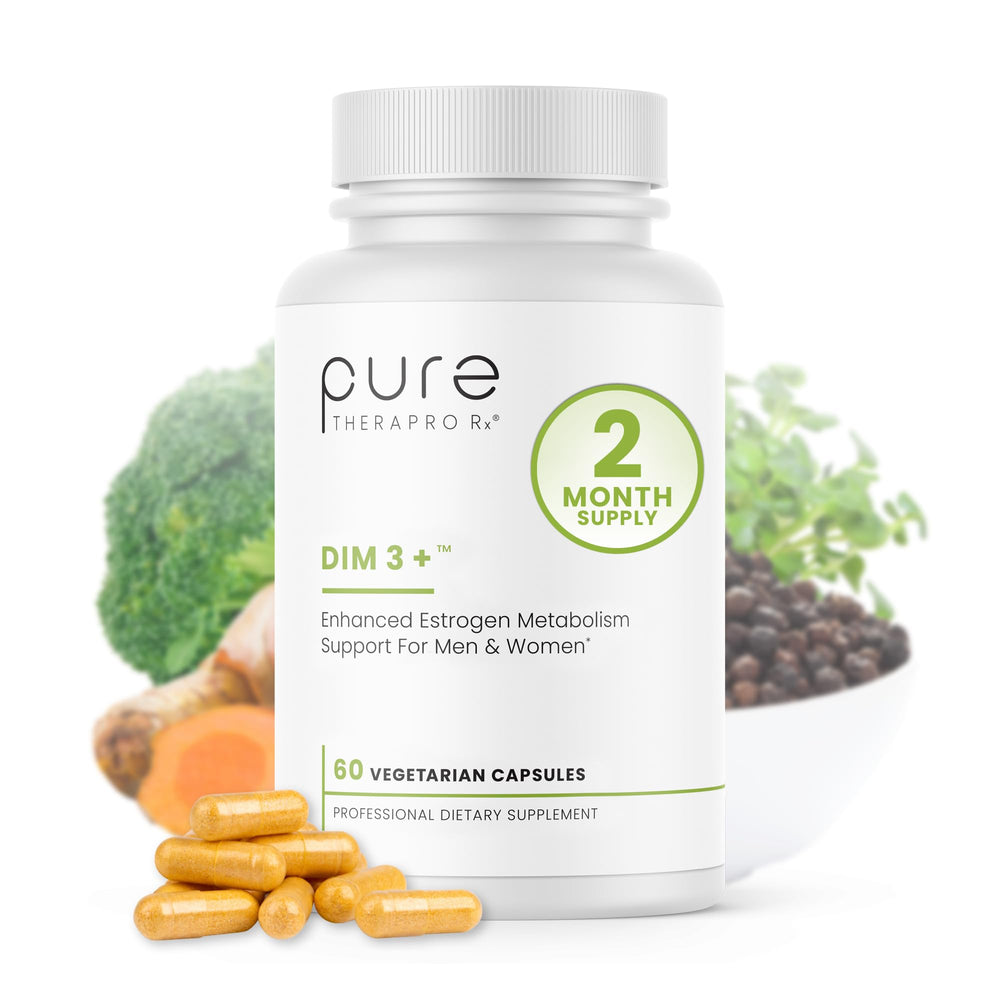 Pure Therapro Rx DIM 3+ bottle with vegan capsules for convenient daily hormone support.