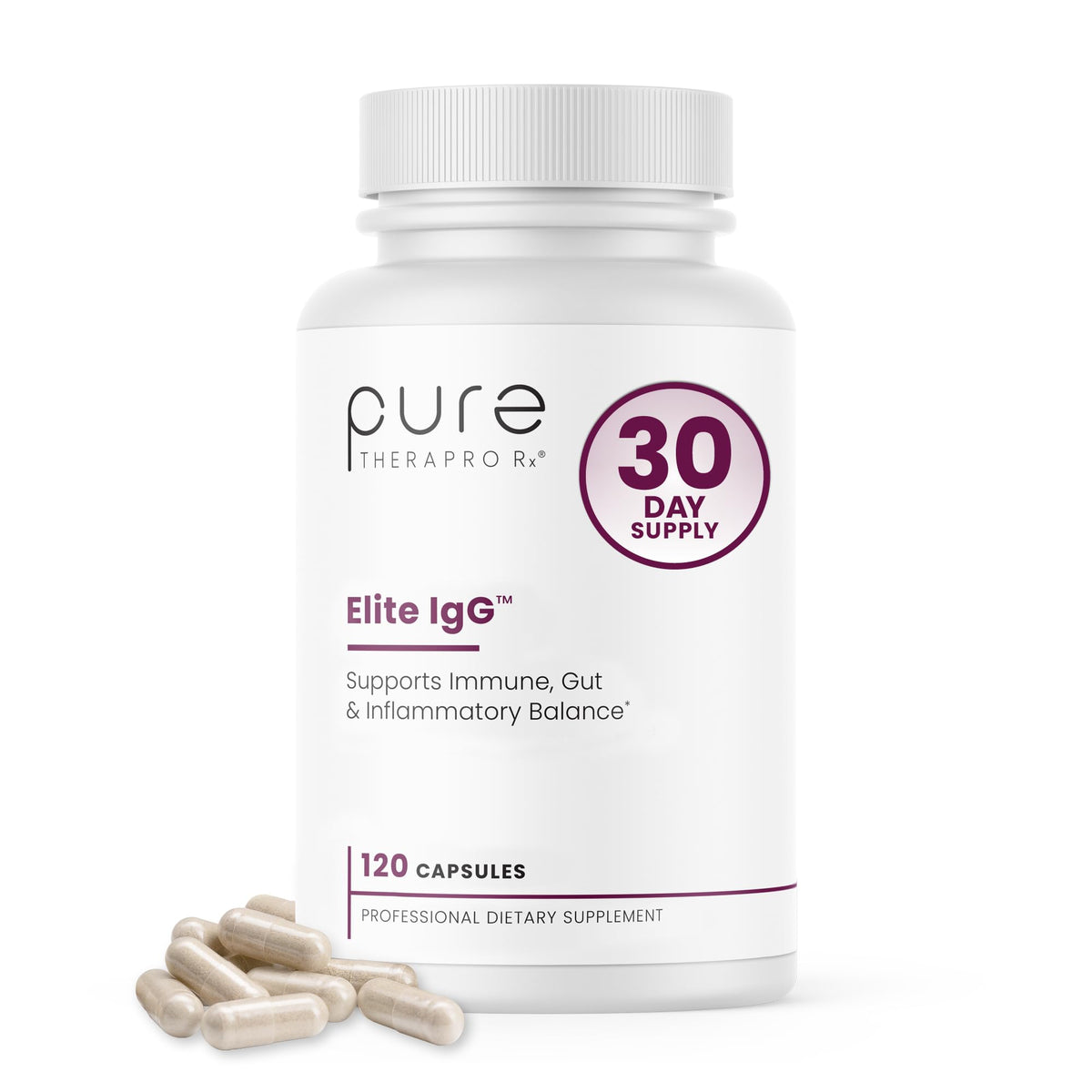 Pure Therapro Rx Elite IgG Immunolin bottle showcasing a dairy-free gut support formula