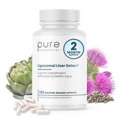 Pure Therapro Rx Liposomal Liver Detox bottle close-up showing easy daily dosing
