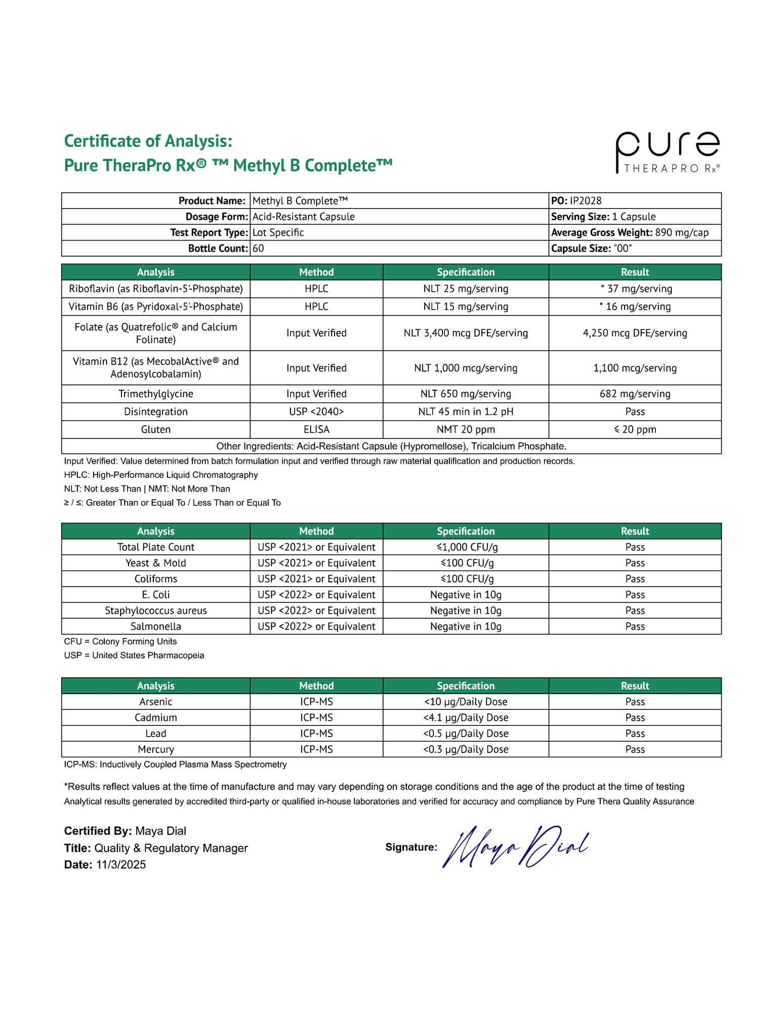 Pure Therapro Rx Methyl B Complete dosage card with info