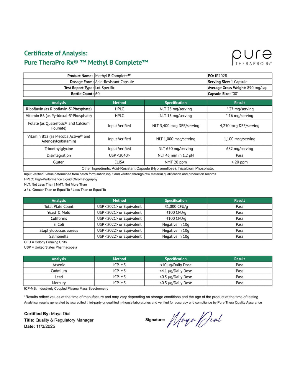 Pure Therapro Rx Methyl B Complete dosage card with info