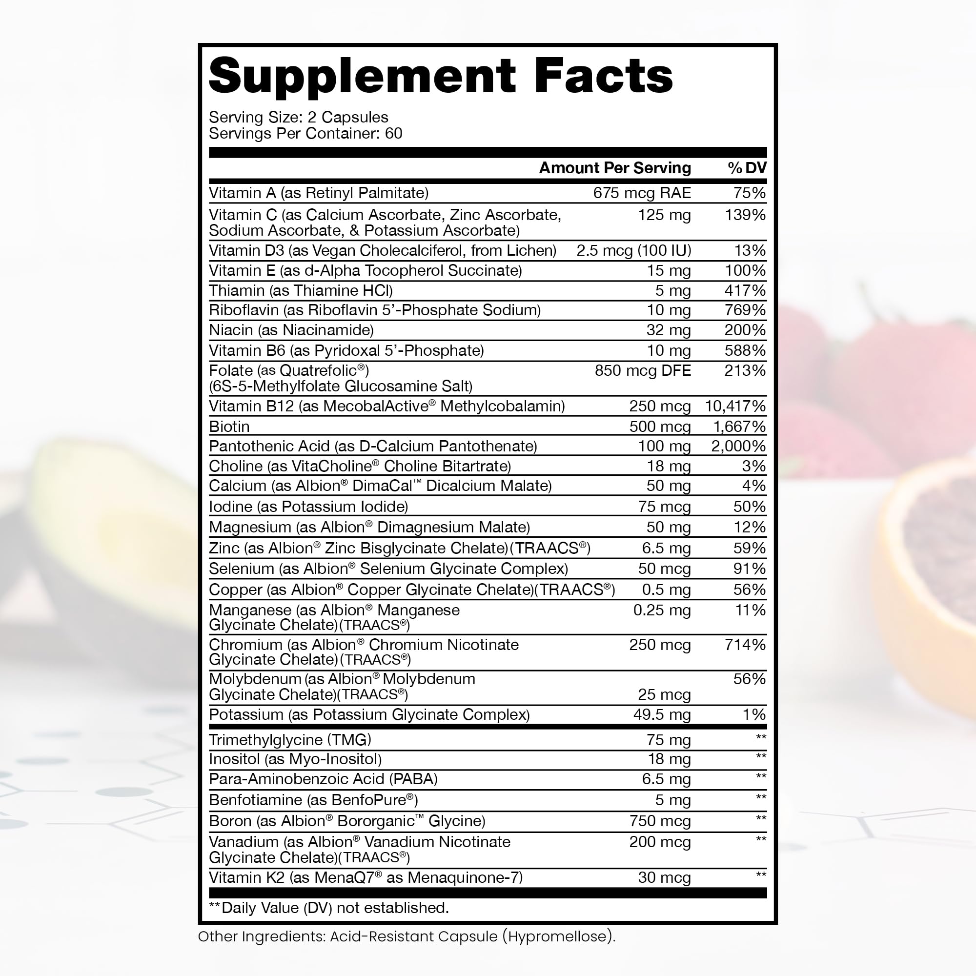 Vegan-friendly, hypoallergenic multivitamin with no fillers on clean countertop
