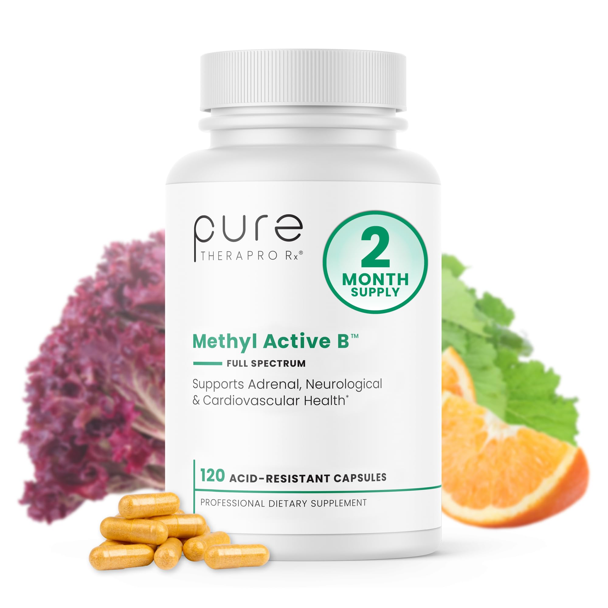 Pure Therapro Rx methylated B vitamins bottle showing complete B complex for daily support