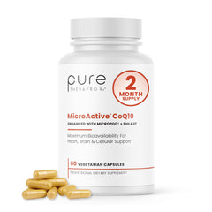 Pure Therapro Rx MicroActive CoQ10 bottle with capsules for daily energy support.