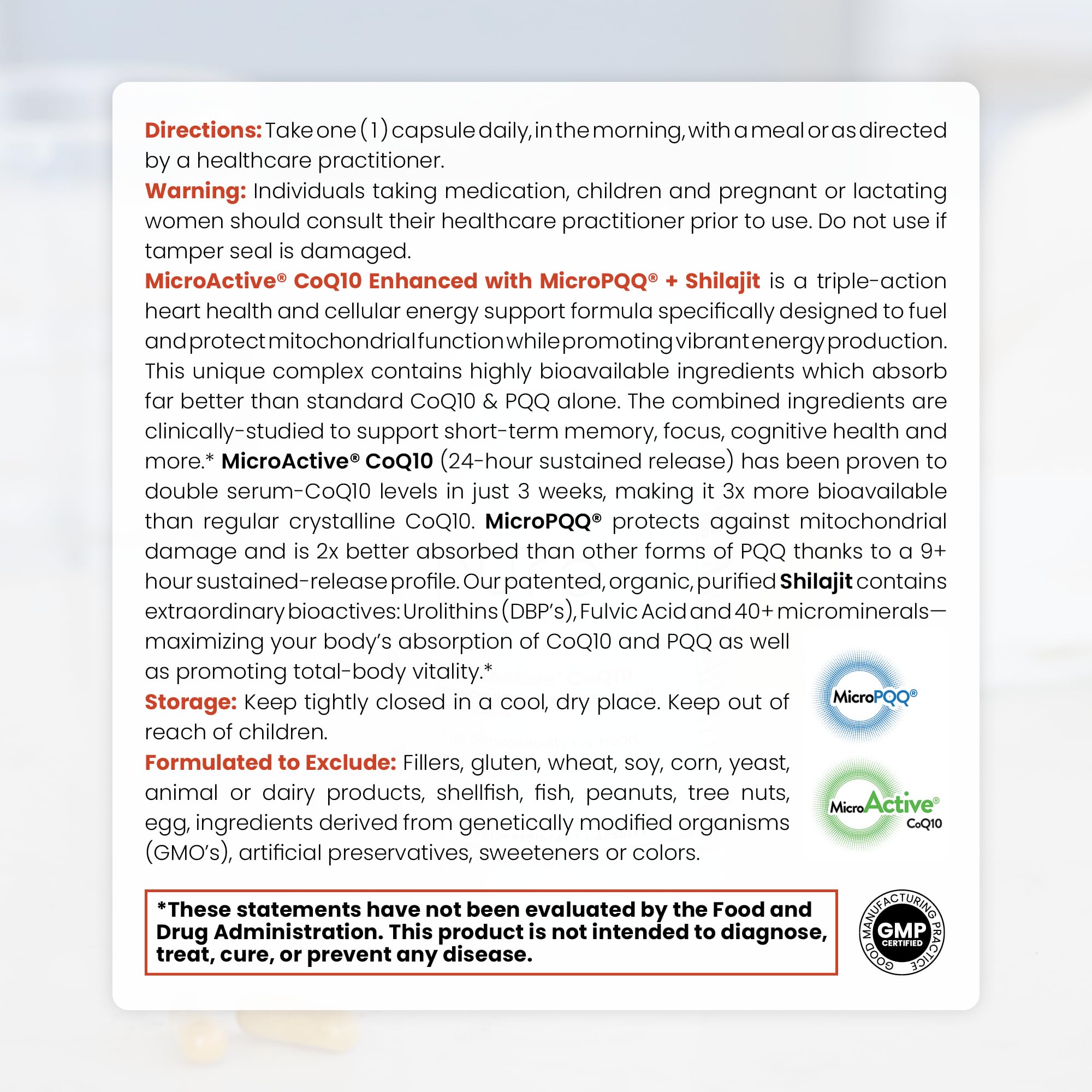 Label on Pure Therapro Rx CoQ10 bottle highlights MicroPQQ and Shilajit.